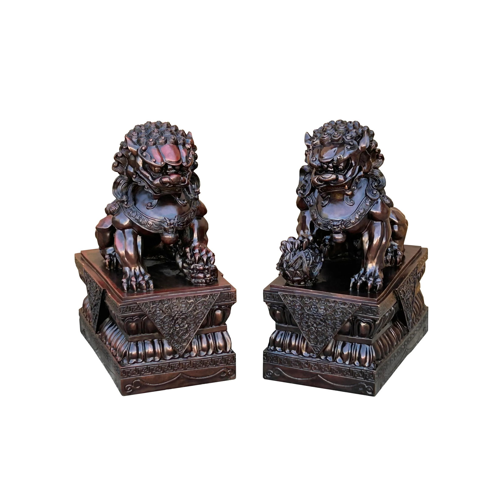 Pair Chinese Dark Brown Bronze Metal Foo Dog Lion Fengshui Figures - 3