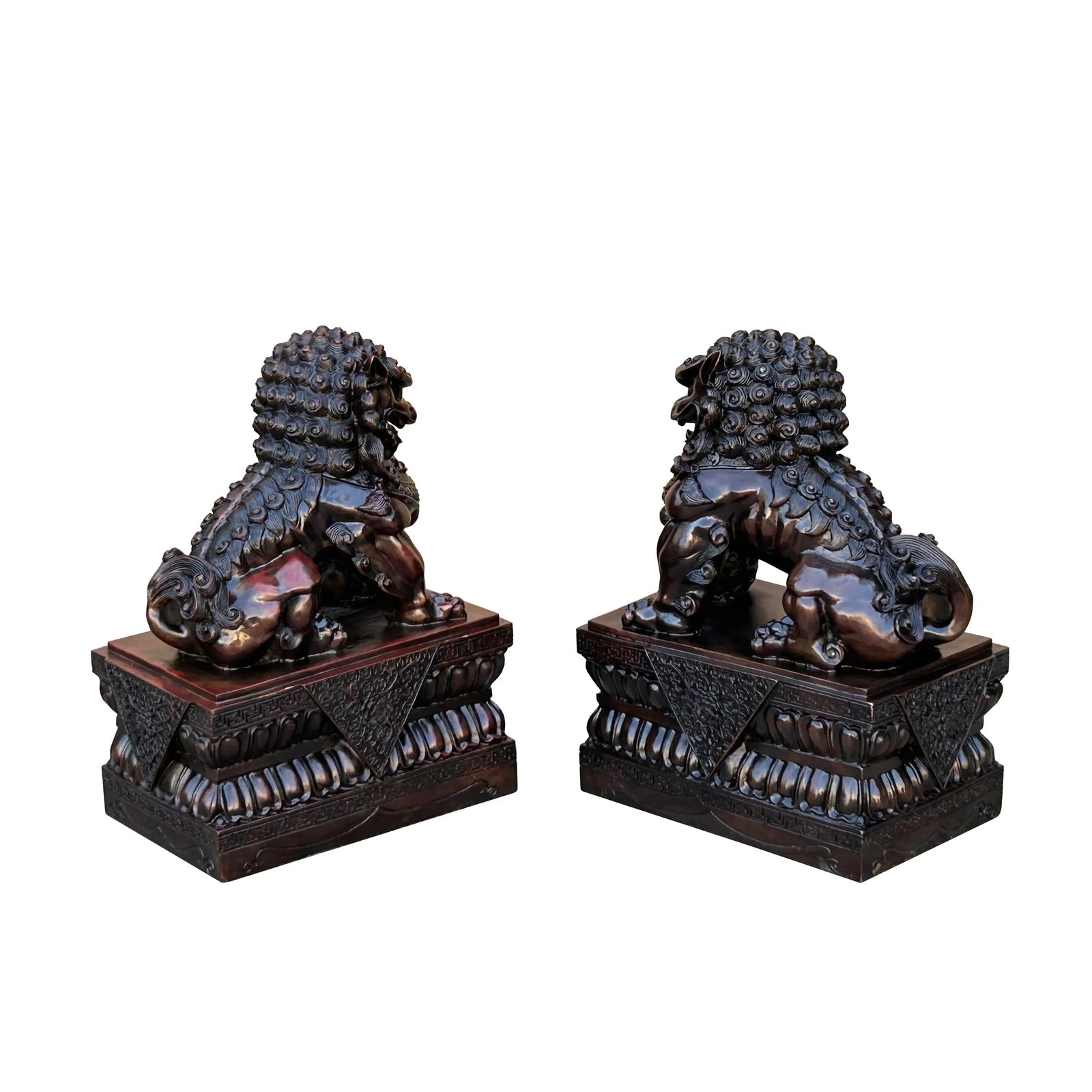 Pair Chinese Dark Brown Bronze Metal Foo Dog Lion Fengshui Figures - 4