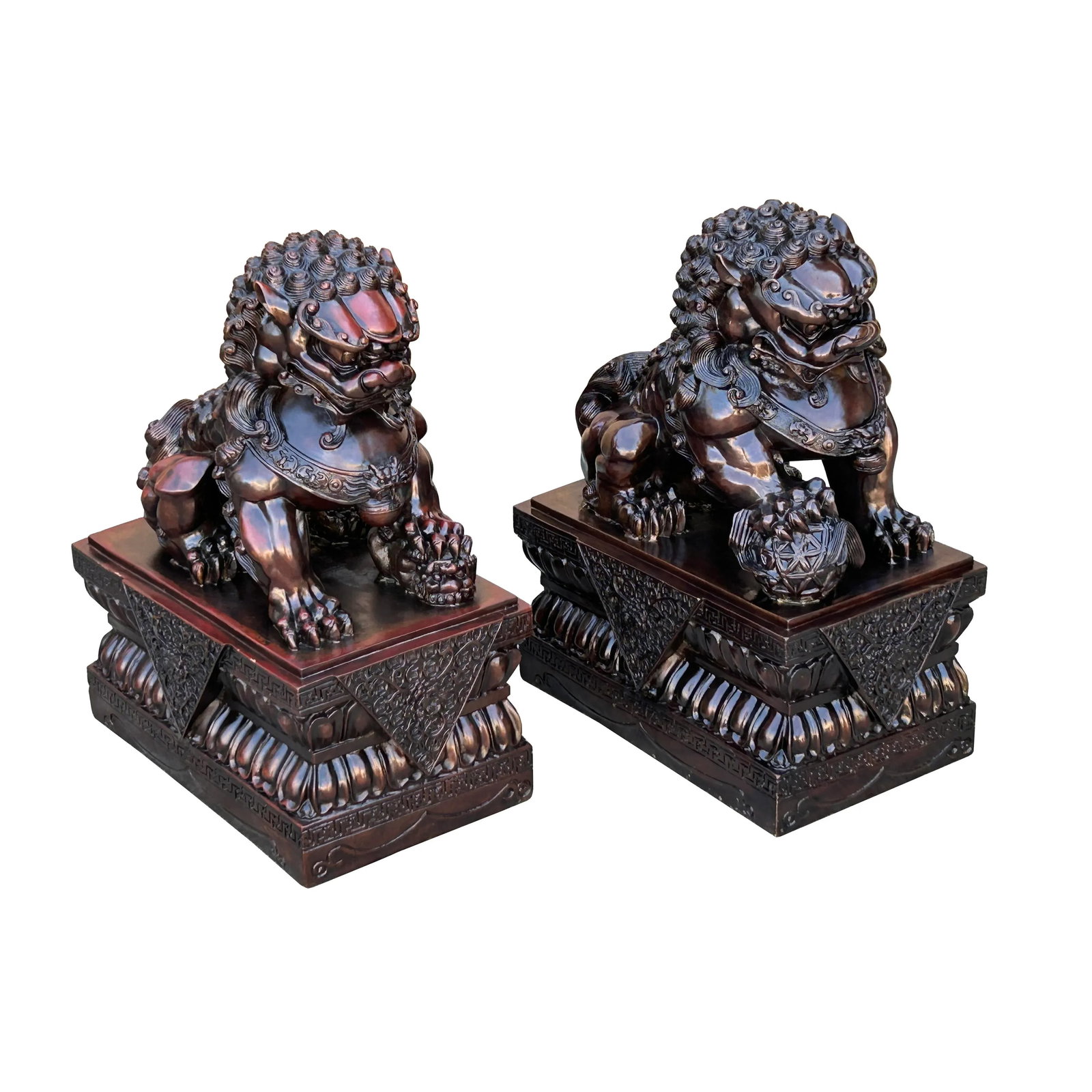 Pair Chinese Dark Brown Bronze Metal Foo Dog Lion Fengshui Figures - 5