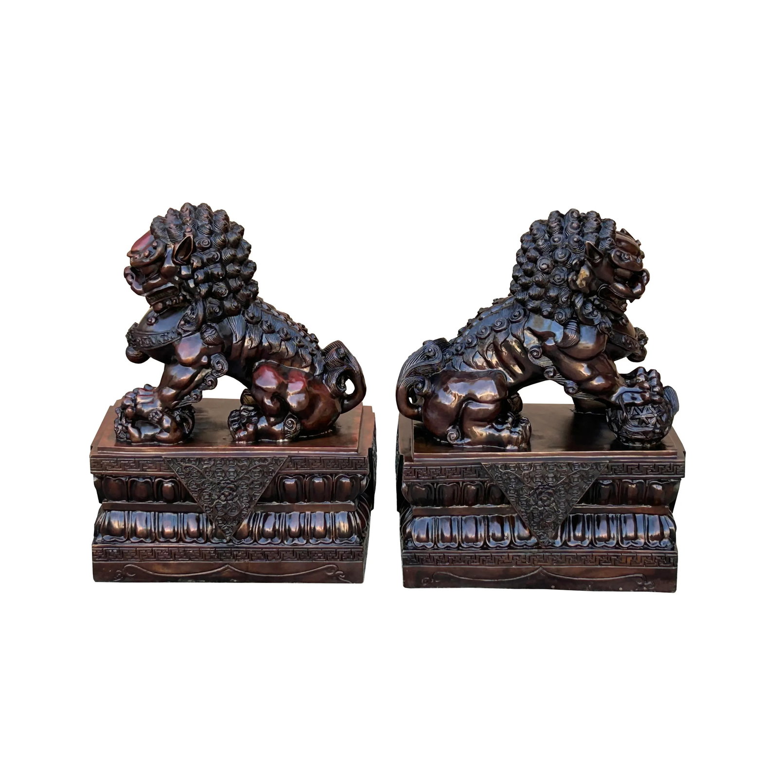 Pair Chinese Dark Brown Bronze Metal Foo Dog Lion Fengshui Figures - 6