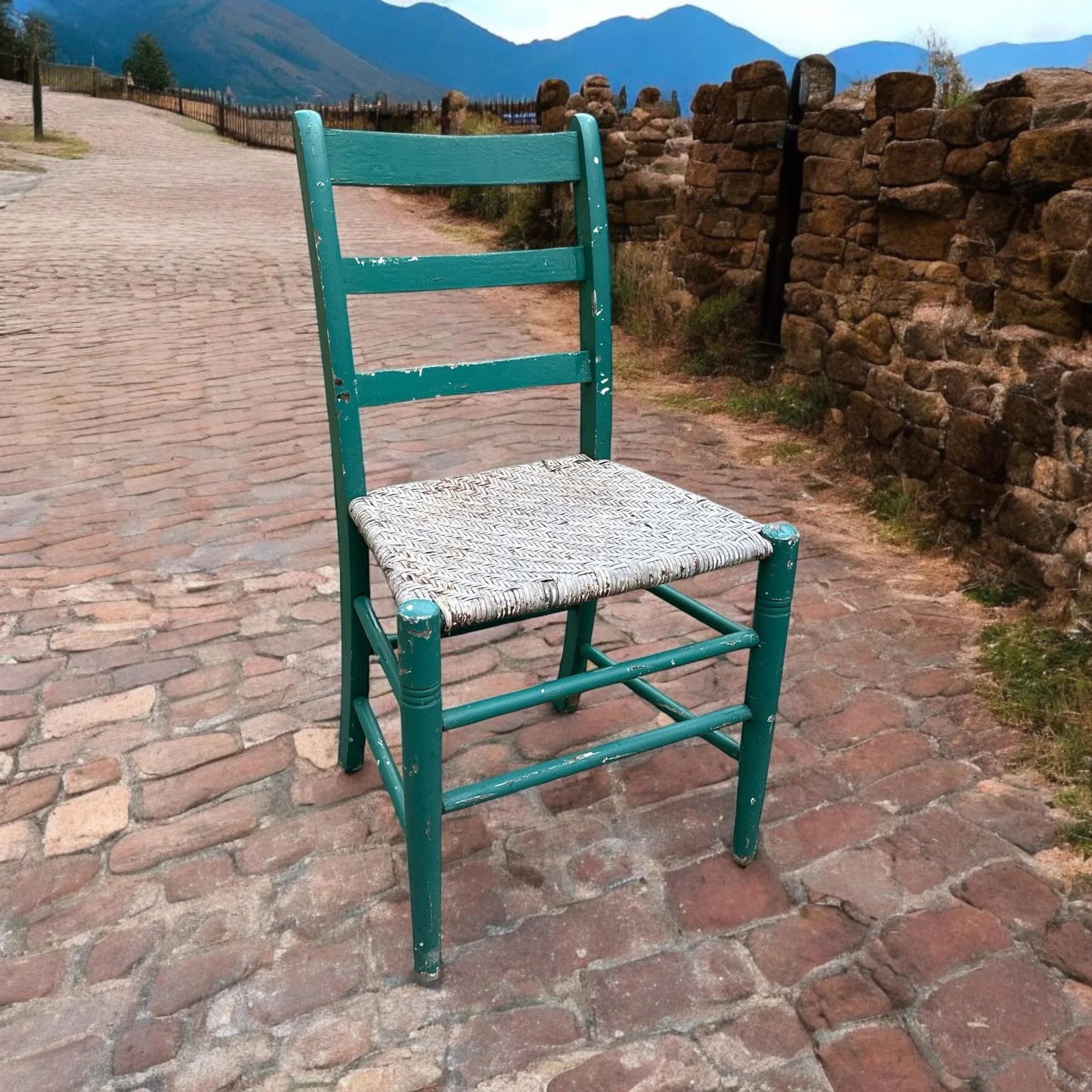 Antique Green Painted Rattan Chair Distressed Rustic Shabby Chic - 11