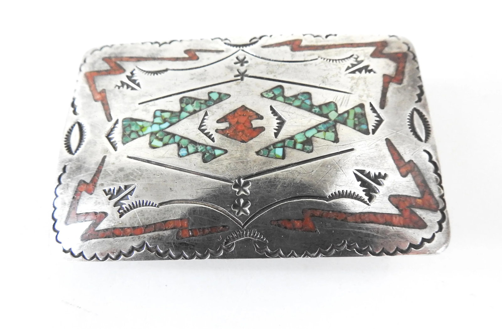 Vintage Silver With Turquoise and Coral Inlay Buckle Begay - 2