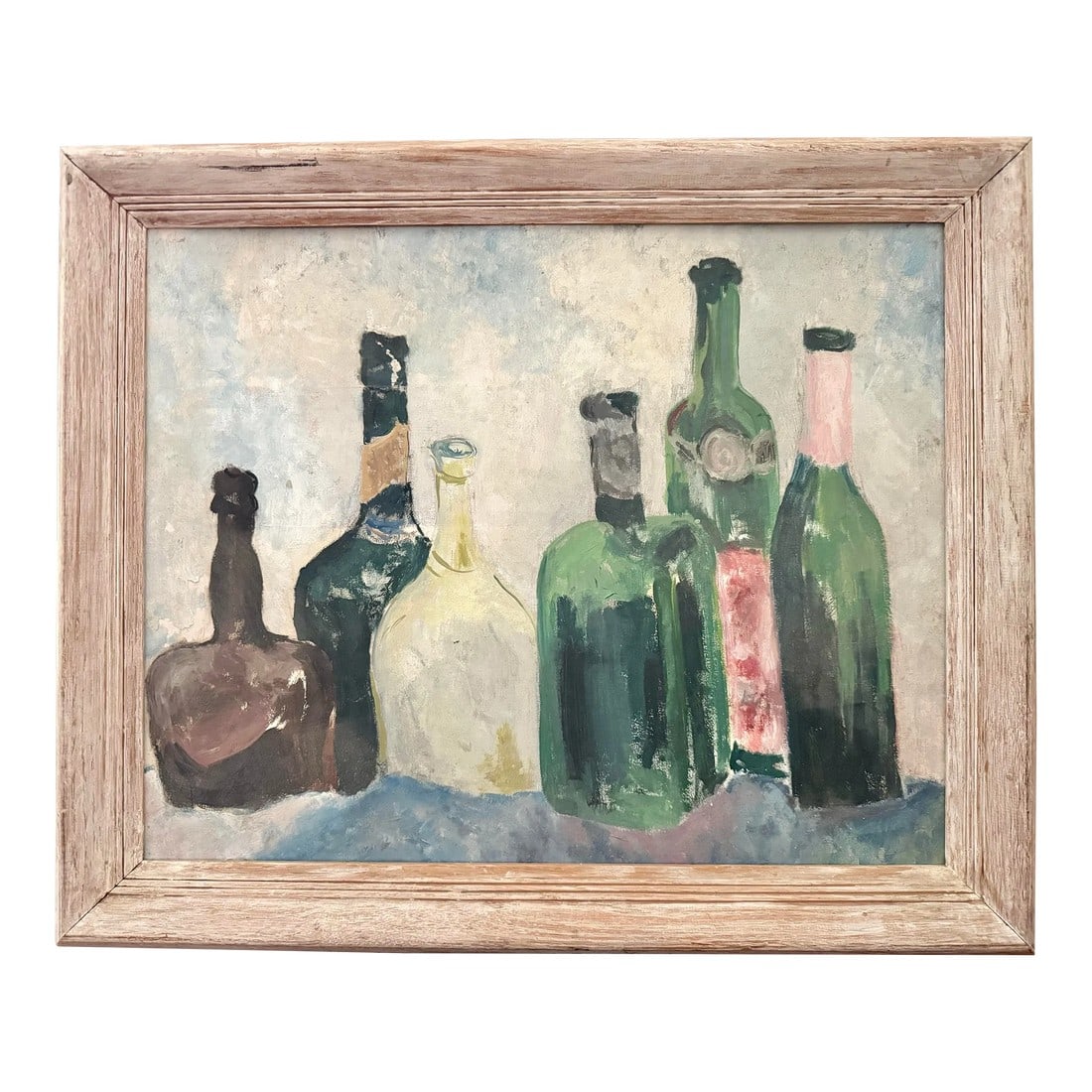 Mid-Century Modern "Six Bottles" Expressive Original Still Life Oil Painting, Framed: Six Bottles Oil on Canvas Measurements of canvas: 16" x 20" Measurements framed: 22.75" x 19" Wonderfully charming mid-century modernist still-life composition, painted in oil on an early Grumbacher c