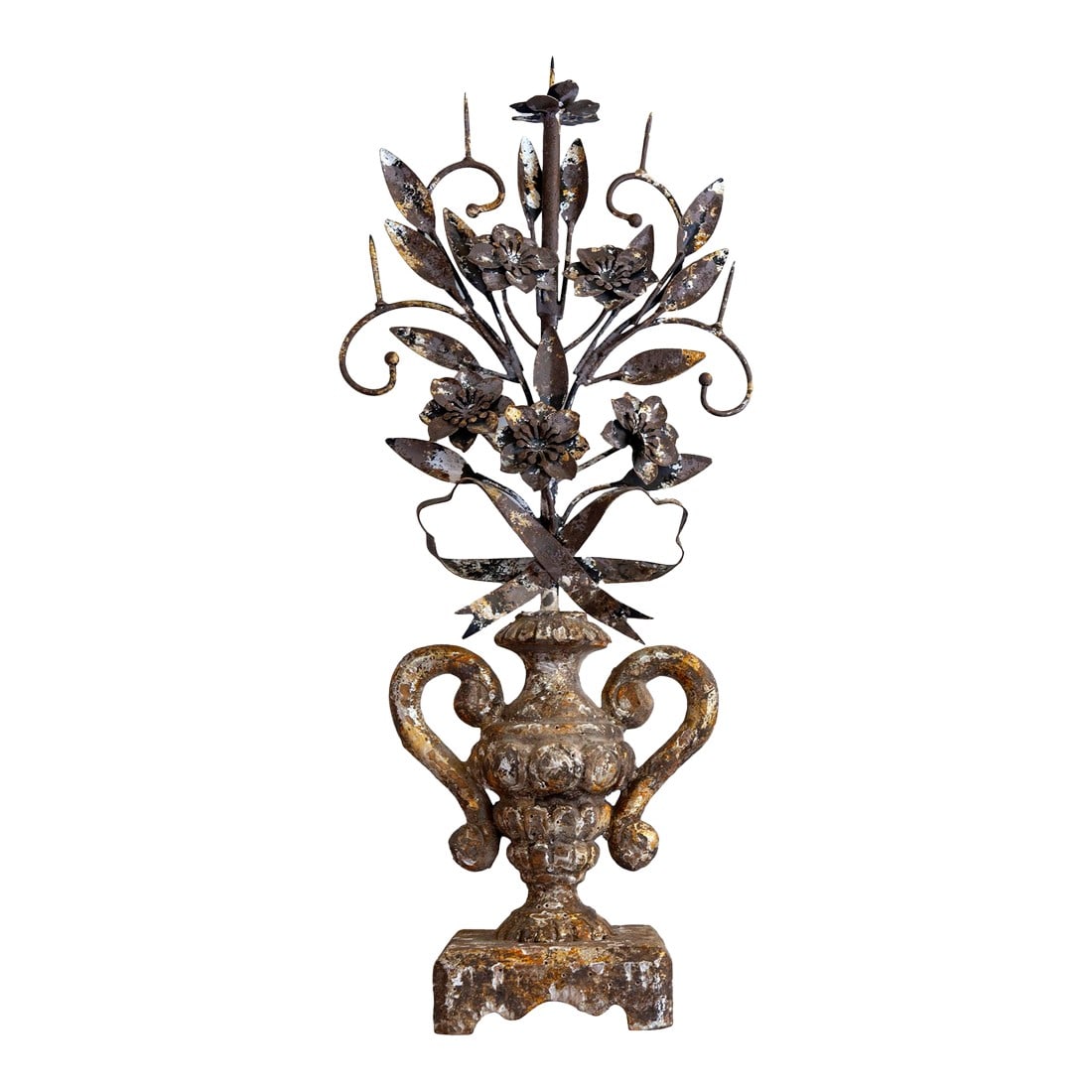 Mid 20th Century Rustic European Gilded Wood & Metal Candle Holder: A Single Rustic European Gilded Carved Wood & Metal Candle Holder. Would look lovely alone or grouped with others. Condition: Alterations: Original Condition Unaltered Imperfections: Some