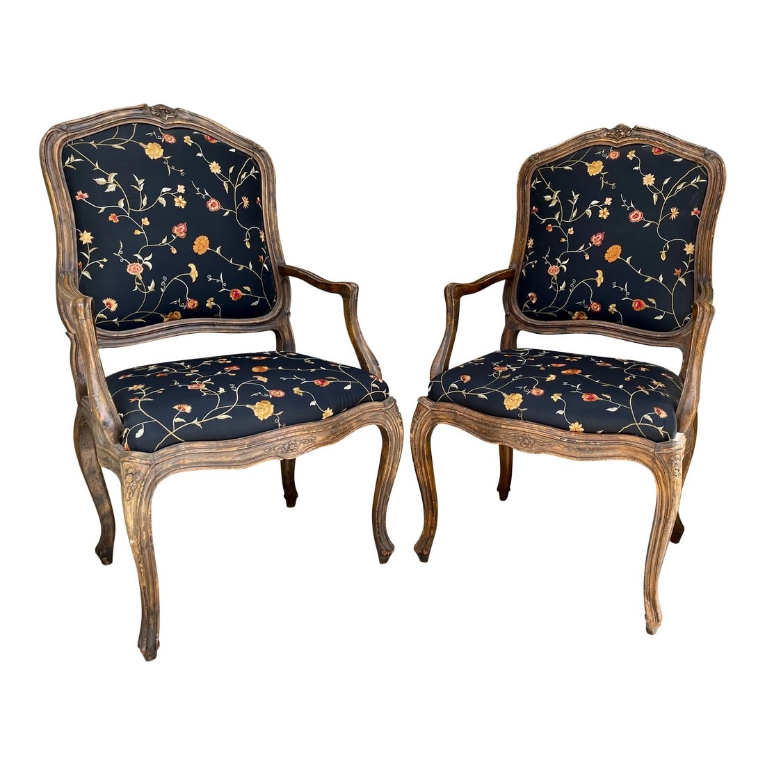 Pair of 19th C. French Louis XVI Armchairs in Brunschwig Et Fils: This is an absolutely delightful pair of French Louis XV armchairs covered in a sumptuous silk embroidered fabric by Brunschwig and Fils. Imagine them in your favorite reading corner or by the