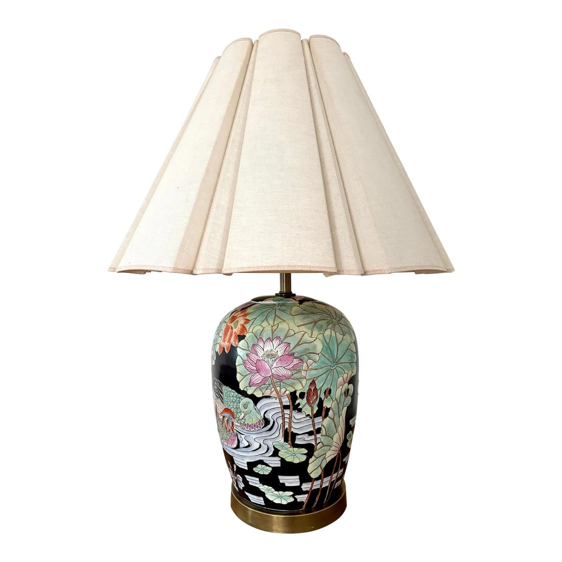Wildwood Style Duck and Lily Pad Lamp With Lamp Shade, 1970s: Stunning scene with rippling water, lily pads, and a floating duck pair adorn this eye-catching ginger jar lamp with scalloped shade. Soft burnt orange, greens, and pinks contrast the black