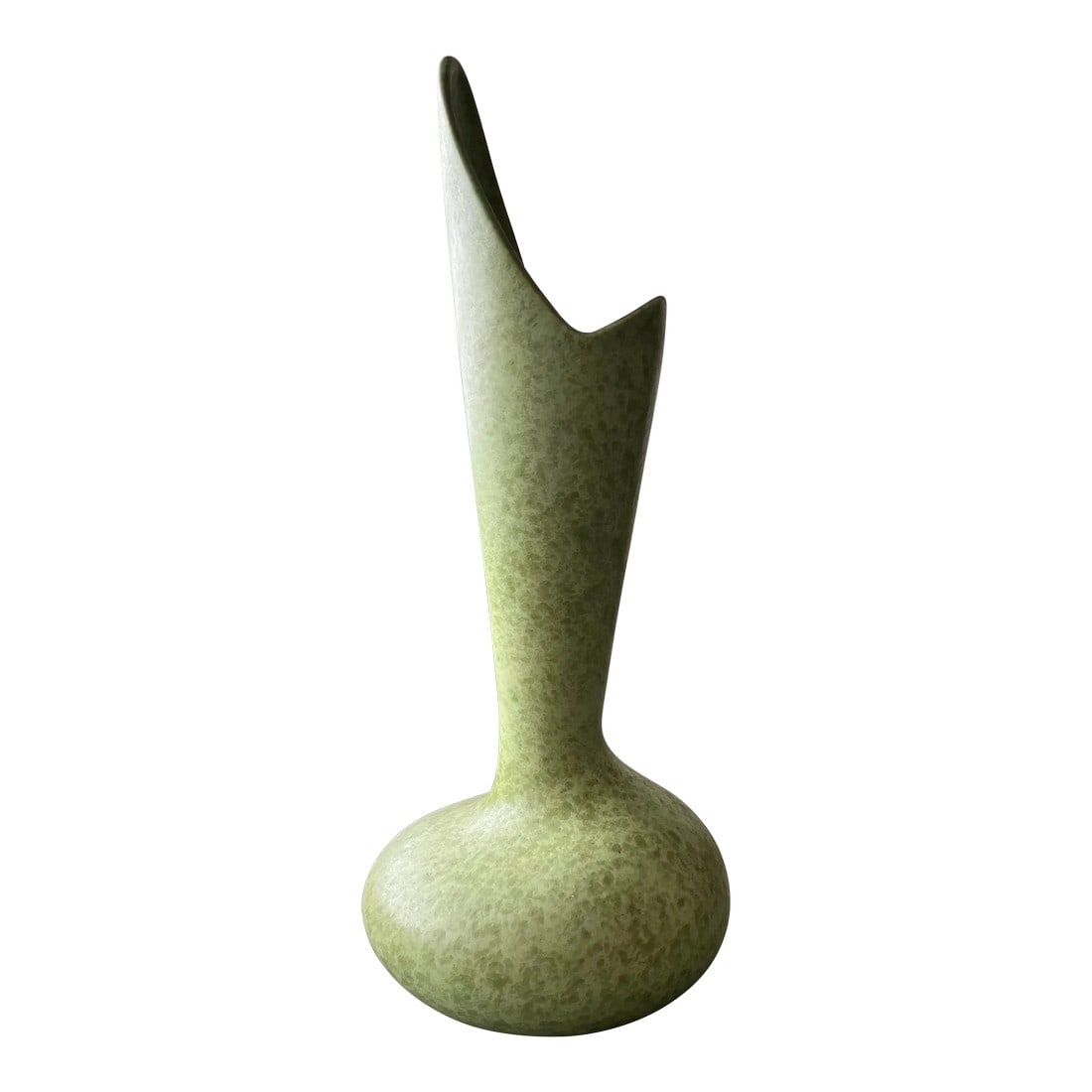 Mid-Century Modern "Eccentric Vase" by Haeger in Avocado Green: Eccentric vase by Haeger Pottery is a well-known collection from the 1970s, often celebrated for its bold, sculptural shape and unique design. The vase has a distinctively asymmetrical, angular form