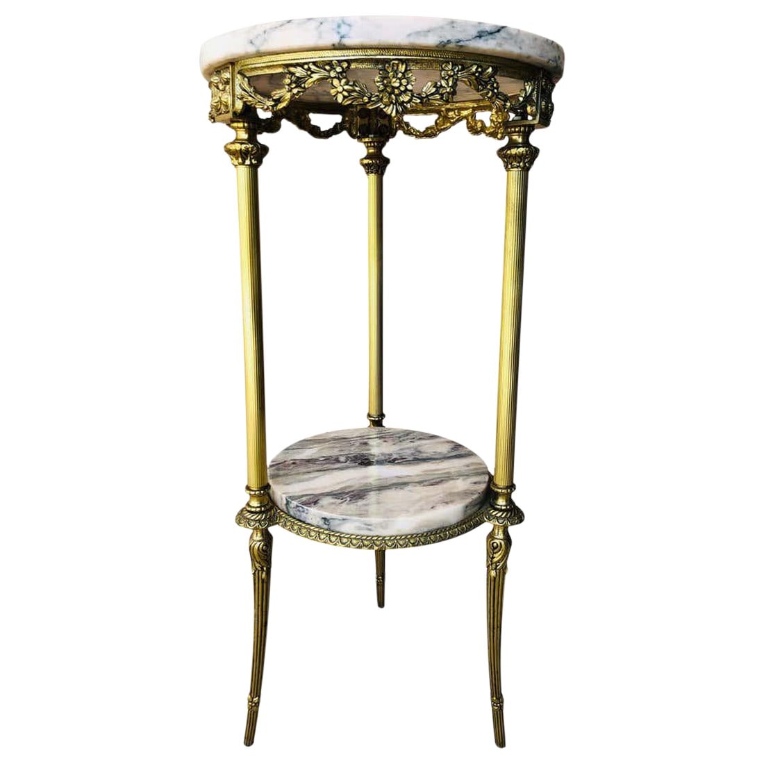 19th Spanish Bronze and Brass Gilted Side Table With White Marbles Top: About 19th Spanish bronze and brass gilded side table with white marble top Beautiful bronze reliefs in the base of the top and ornamental motifs in the three pedestal leg Details OF THE PERIOD
