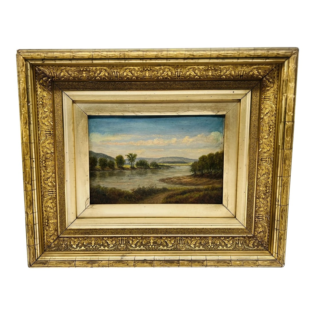 19th Century, American School Oil on Board Landscape - New Hampshire School: This exquisite 19th-century American School oil on board is a captivating example of the New Hampshire School, renowned for its contributions to American landscape painting. The composition
