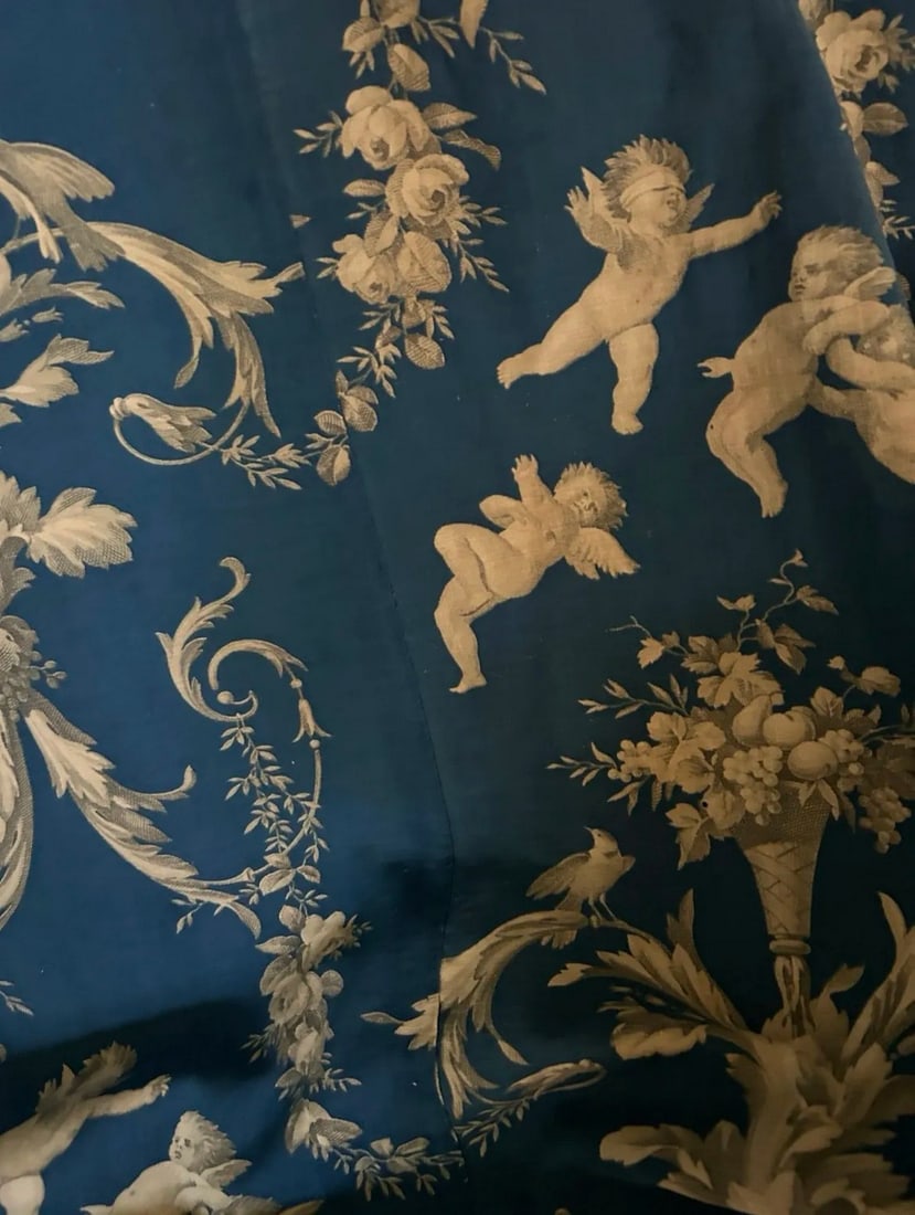 Antique French Toile Fabric: Early 1900s French Chantilly Toile antique fabric. Made in France. Soft lightly textured linen. There are small holes on the edges and one brown spot on the fabric. This lovely piece could be used to