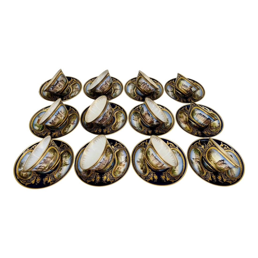Phenomenal 12 Sevres 19th C, Chateau Des Tuileries 1846 Chateau Scene Cup Saucer: Sevres, 24 Pieces (12 Sets) Circa 1846. Made for the Chateau Des Tuileries service. Each extraordinary teacup is features a pristine hand painted surface of a Famous Chateau in France and the Saucers