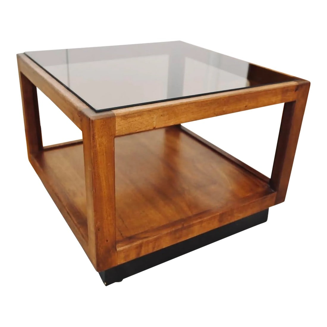 1960s Mid-Century Modern Smoked Glass Walnut Cube Table Attributed to Adrian Pearsall: This 1960s Mid-Century Modern floating cube walnut side table, attributed to Adrian Pearsall, features a smoked glass top supported by a black pedestal base. The design emphasizes clean lines and a mi