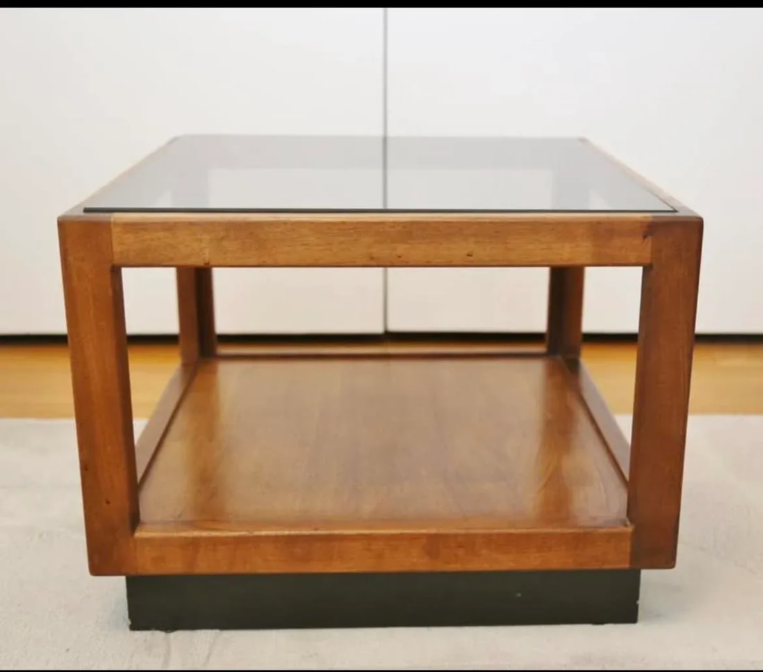 1960s Mid-Century Modern Smoked Glass Walnut Cube Table Attributed to Adrian Pearsall - 2