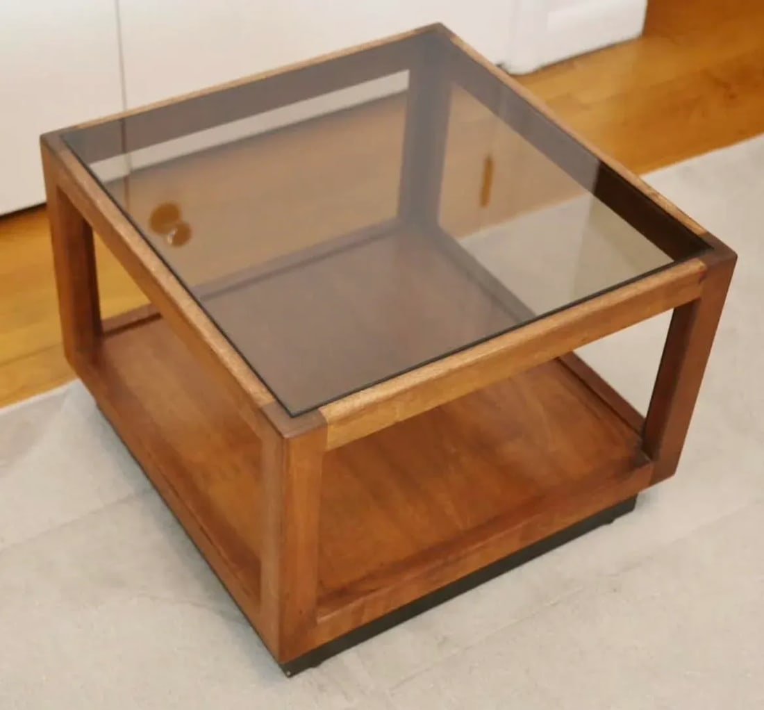 1960s Mid-Century Modern Smoked Glass Walnut Cube Table Attributed to Adrian Pearsall - 3