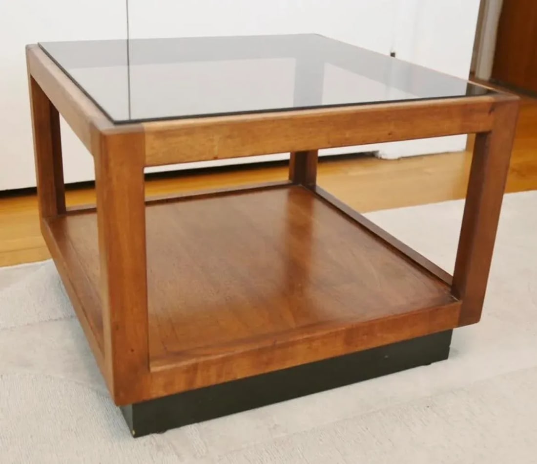 1960s Mid-Century Modern Smoked Glass Walnut Cube Table Attributed to Adrian Pearsall - 4