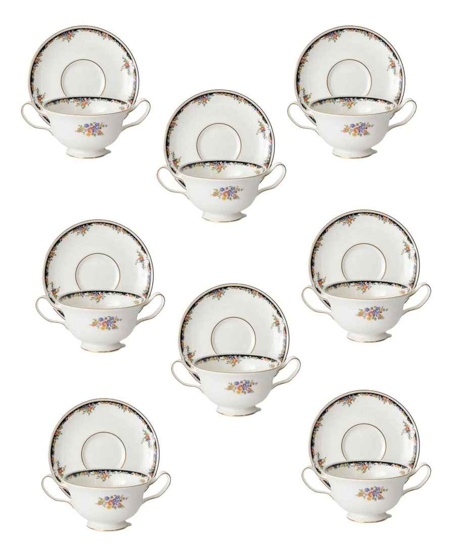 Wedgwood Osborne Cream Soup Svc. for 8: Elegant set of 8 Wedgwood footed cream soup bowl and saucer sets in the collectible Osborne pattern. Featuring delicate floral garlands accented by gold trim, these pieces capture timeless beauty and