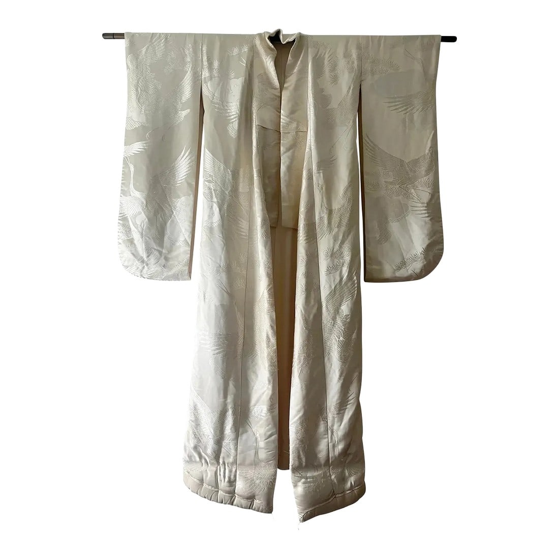 Early 20th Century Wedding Kimono Wall Hanging With Kimono Bar: An exquisite work of art. The kimono is Japan's most iconic garment there's no image more iconic to Japan than the Crane- a symbol of peace. This Shiromuku is a wedding kimono originally worn at