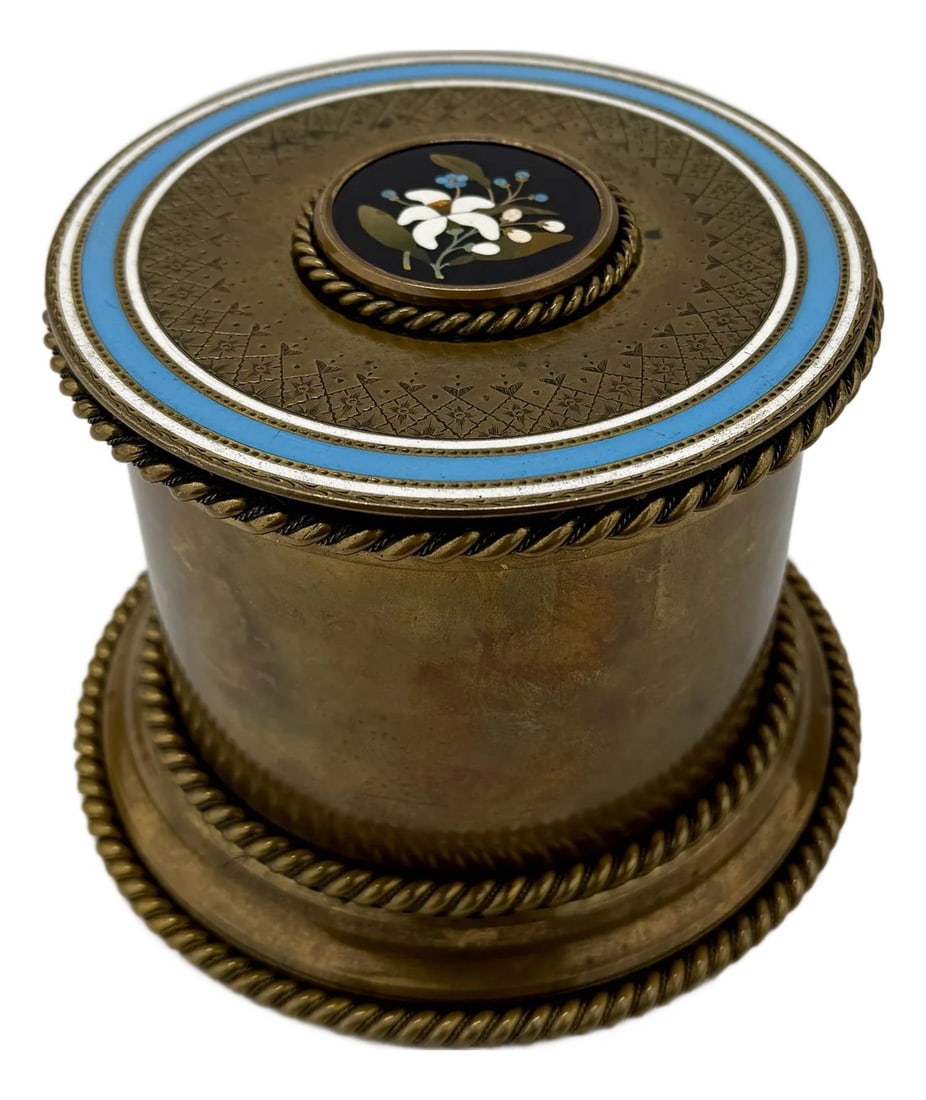 Grand Tour Bronze, Two-Tone Enamel & Pietra Dura Dressing Box or Humidor C. 1880: This exceptional Grand Tour dressing box or humidor, crafted in France circa 1880, epitomizes the luxurious design and meticulous craftsmanship of the late 19th century. Constructed from bronze, the