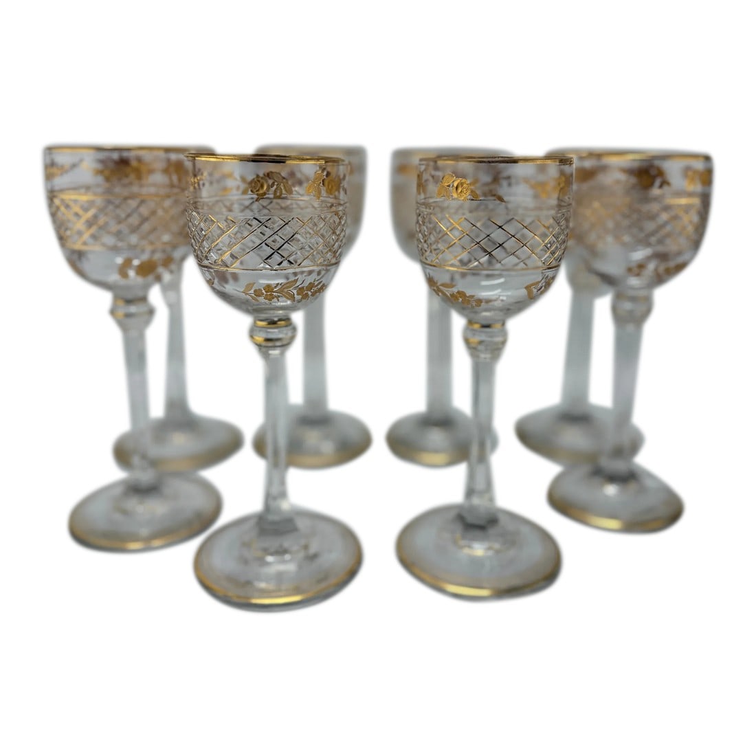 Set of 8, French Foliate Gilt Crystal Wine Goblets Style of Val St. Lambert (1 of 8)