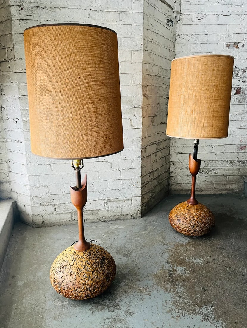 1970s Cork and Walnut Tulip Table Lamps Attributed to Adiran Pearsall - 12