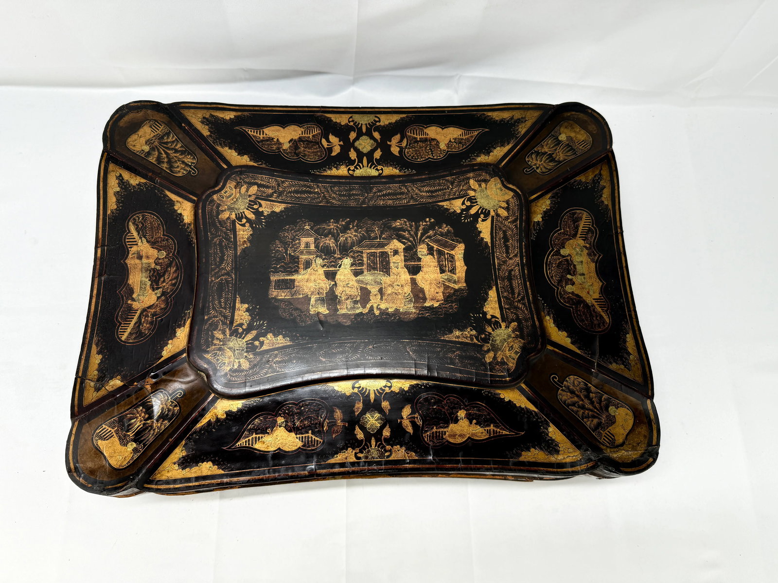 Large Chinese Export Black Lacquer & Gilt Decorated Sewing Box C. 1860 - 2