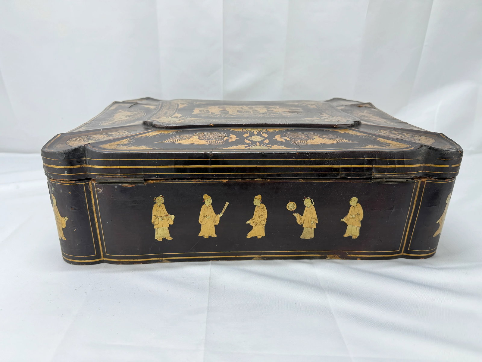Large Chinese Export Black Lacquer & Gilt Decorated Sewing Box C. 1860 - 9