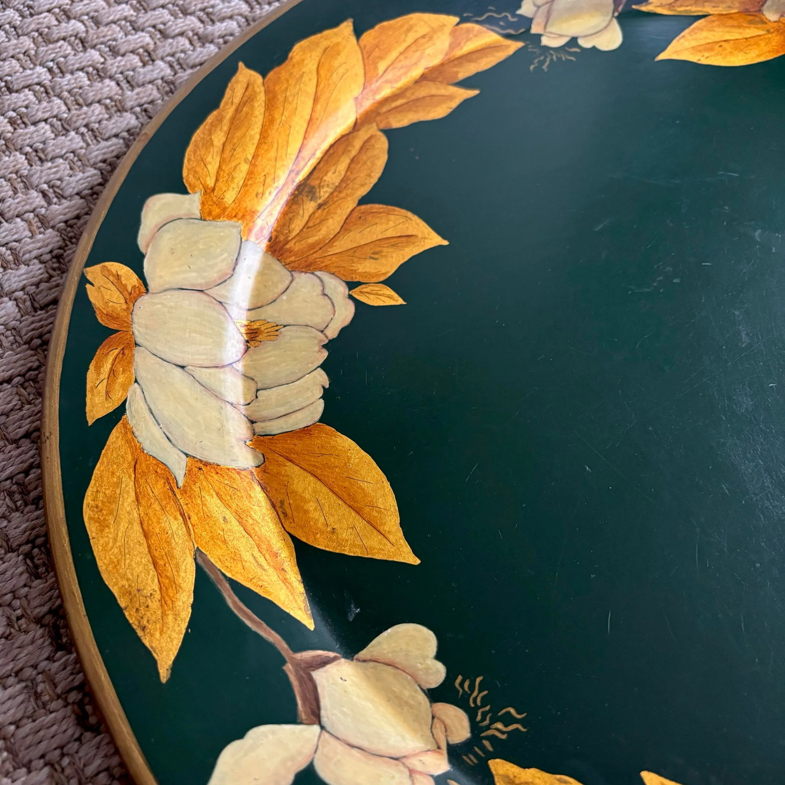 Large 1950s Art Nouveau Hand-Painted Gold Leaf Tole Tea Tray, One of a Kind - 6