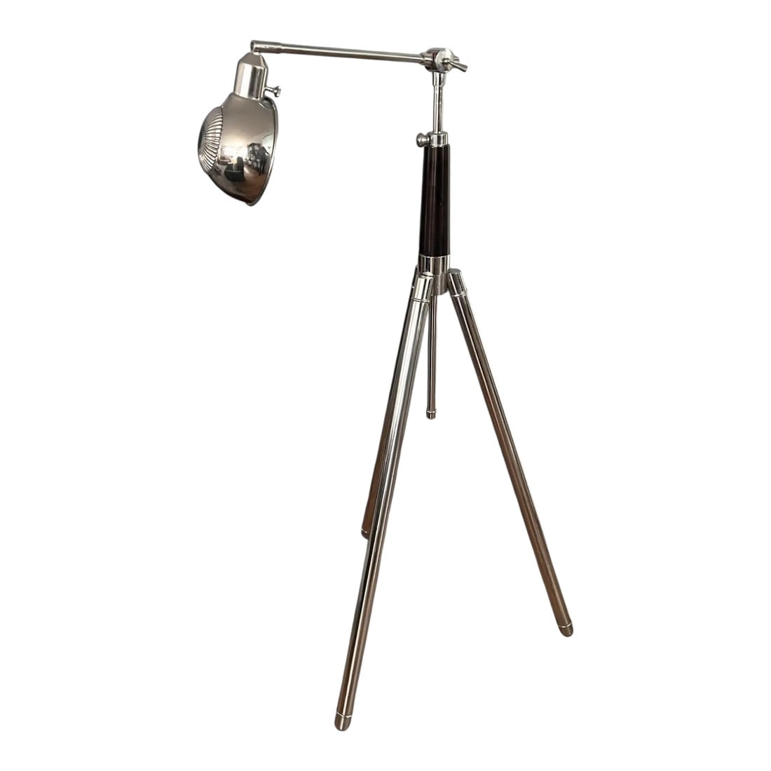 1980s Modern Chrome Floor Lamp – Adjustable Tripod Design With Dome Shade: Illuminate your space with this striking 1980s modern floor lamp, expertly handcrafted from steel and finished in sleek chrome. Featuring a minimalist tripod base made of tubular legs, an adjustable a