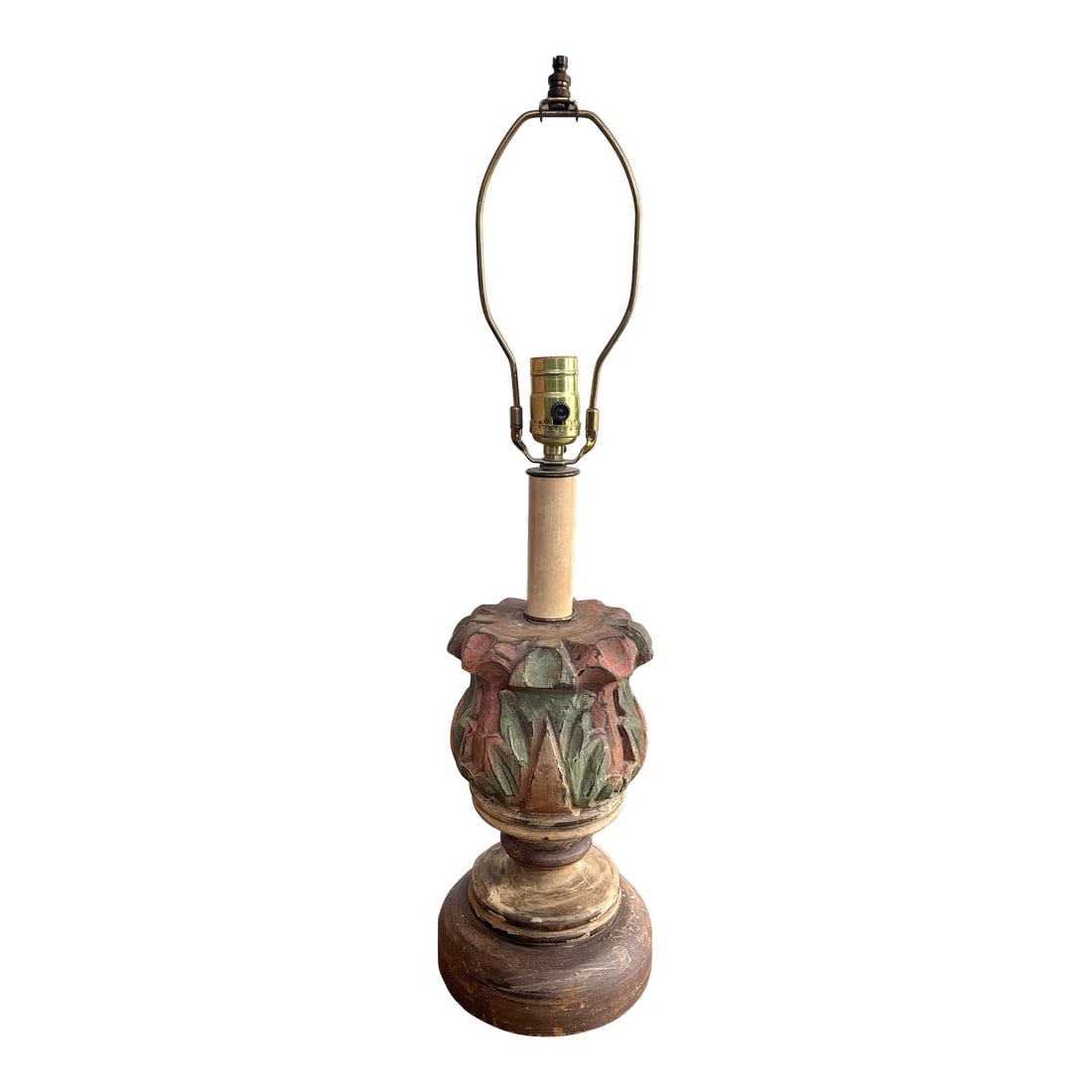 Mid 20th Century French Style Carved Wooden Architectural Element Table Lamp: Rustic carved architectural wood lamp. Beautiful aged patina and subtle washed tones of pink, teal, brown and cream. There is a split along the backside of the carving which was there since it was