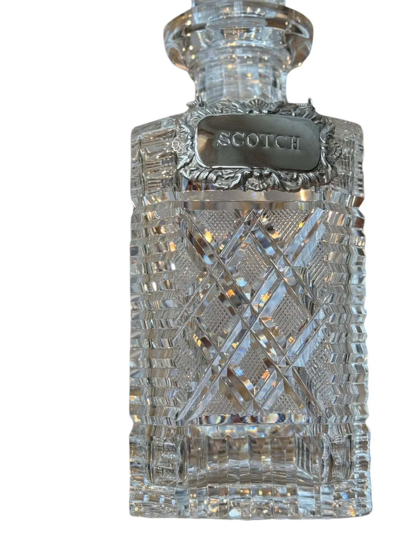 Vintage Scotch Waterford Crystal Strawberry Square Master Cutter Spirits Decanter with Silver-Plate - 7
