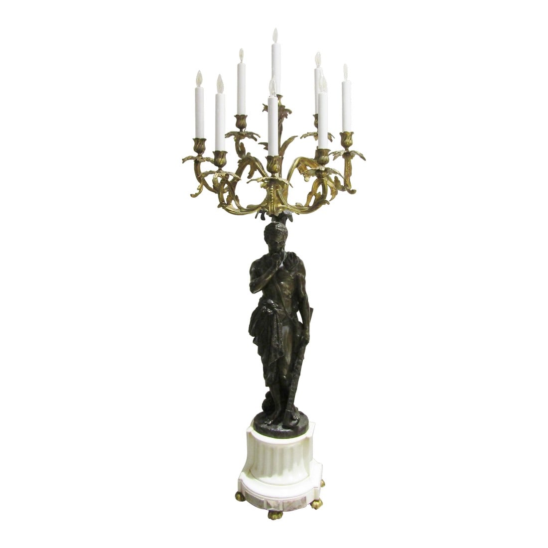 Rare Antique 19th Century French Gilt and Patinated Bronze and Marble Figural Candelabra: Antique 19th Century French Gilt and Patinated Bronze and Marble Figural Candelabra This large and rare candelabra depicts a semi-nude male figure holding a hoe and flask leaning against a palm tree.