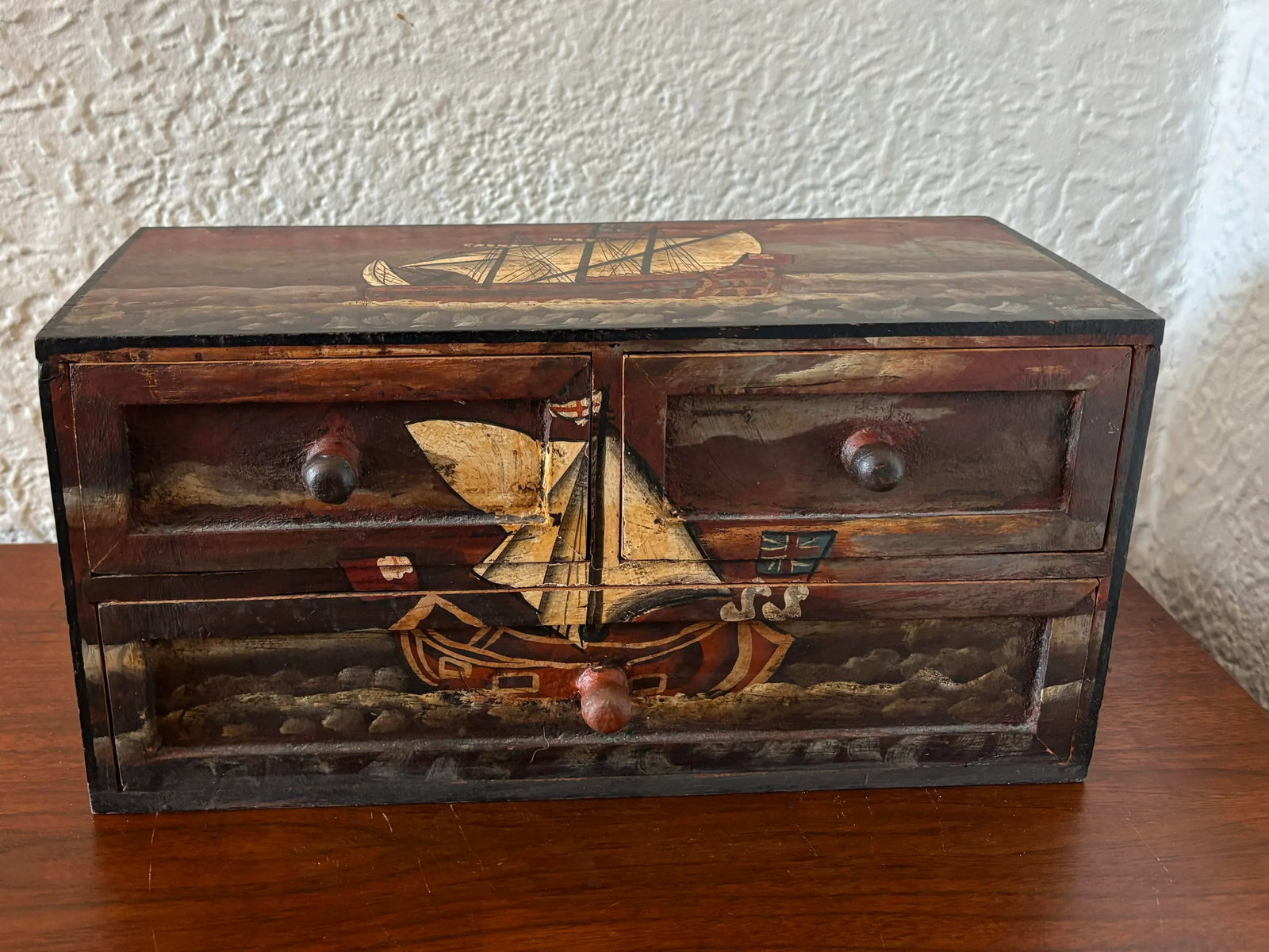 Mid 20th Century Mid Century Hand Painted Nautical English Ship 3-Drawer Tabletop Box - 10