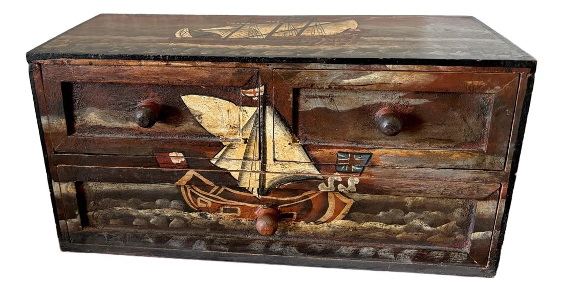 Mid 20th Century Mid Century Hand Painted Nautical English Ship 3-Drawer Tabletop Box (1 of 10)