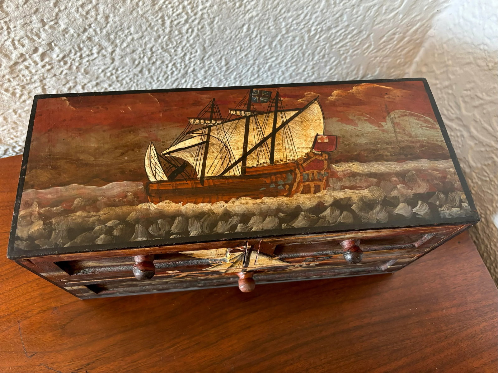 Mid 20th Century Mid Century Hand Painted Nautical English Ship 3-Drawer Tabletop Box - 3