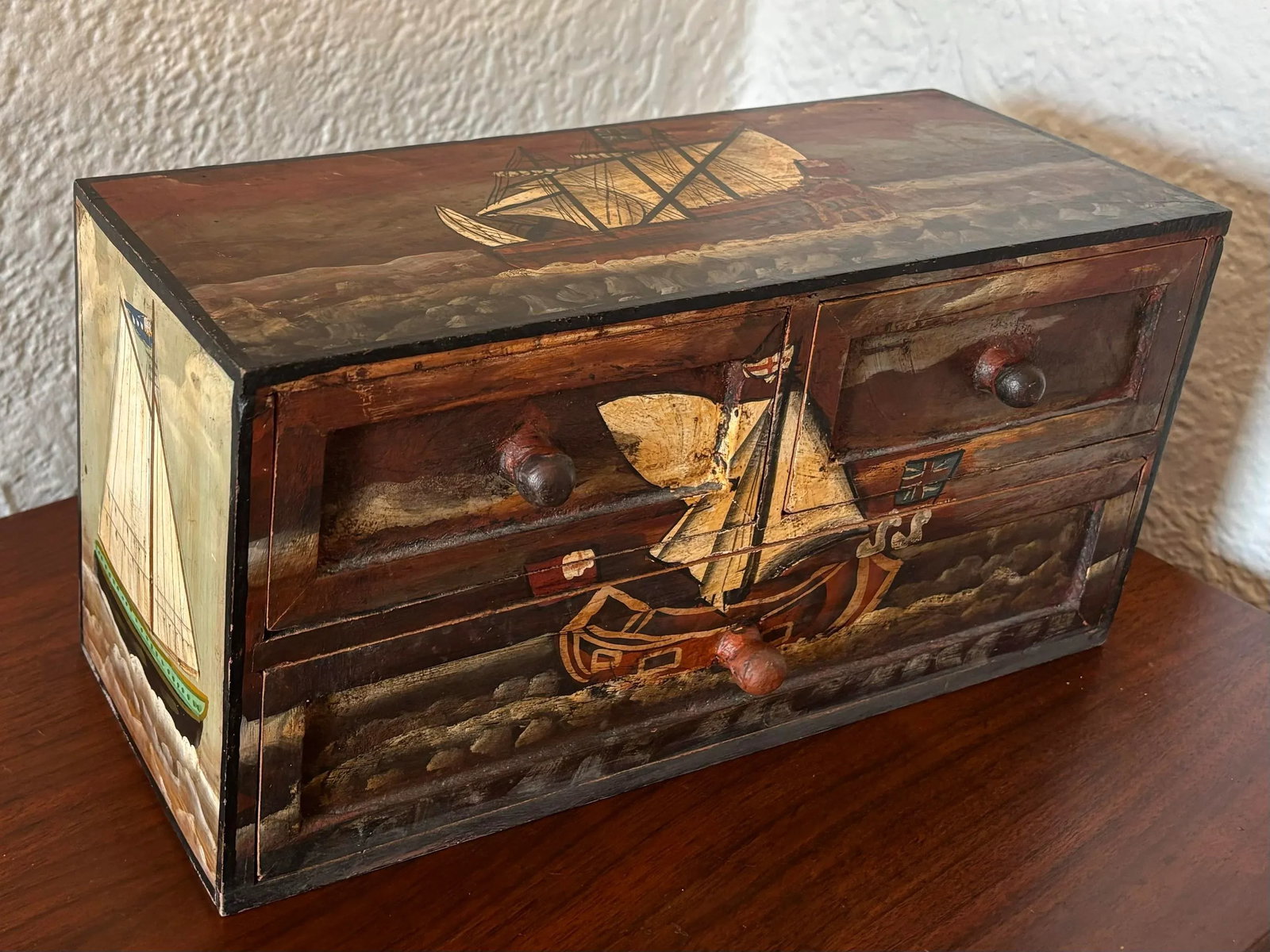 Mid 20th Century Mid Century Hand Painted Nautical English Ship 3-Drawer Tabletop Box - 4