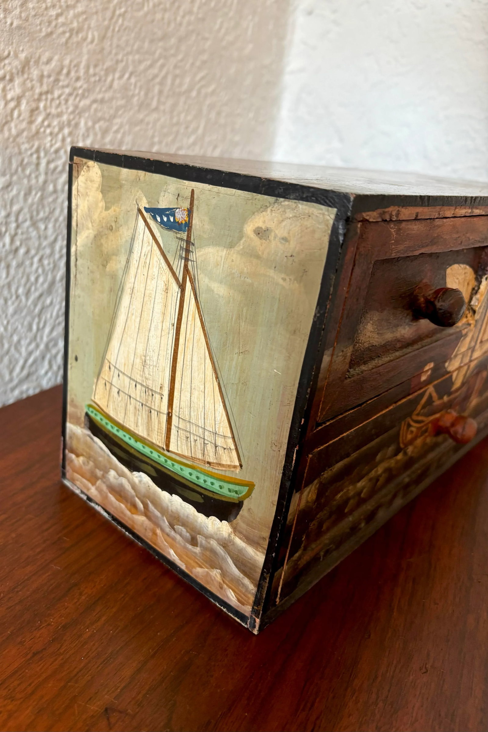 Mid 20th Century Mid Century Hand Painted Nautical English Ship 3-Drawer Tabletop Box - 5