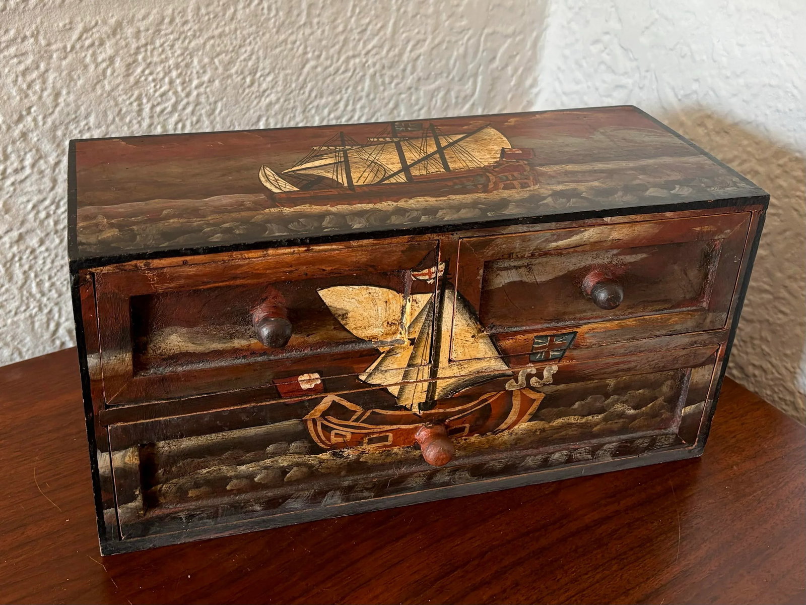 Mid 20th Century Mid Century Hand Painted Nautical English Ship 3-Drawer Tabletop Box - 6