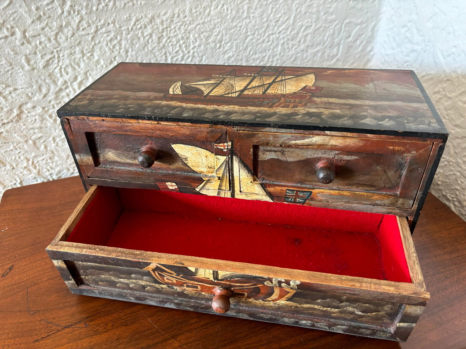 Mid 20th Century Mid Century Hand Painted Nautical English Ship 3-Drawer Tabletop Box - 8