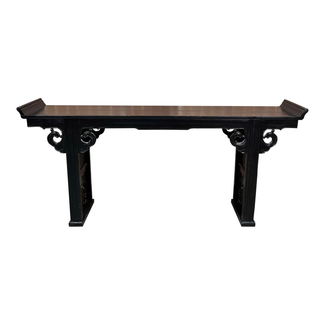 Vintage Black Lacquered Chinese Altar Console Table With Carved Scrollwork (1 of 10)