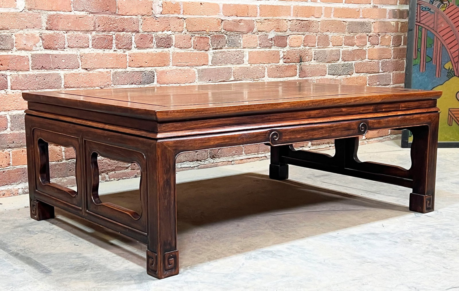 Vintage 1930's Ming Style Burma Padauk Wood Coffee Table With Chinese Scrollwork - 7