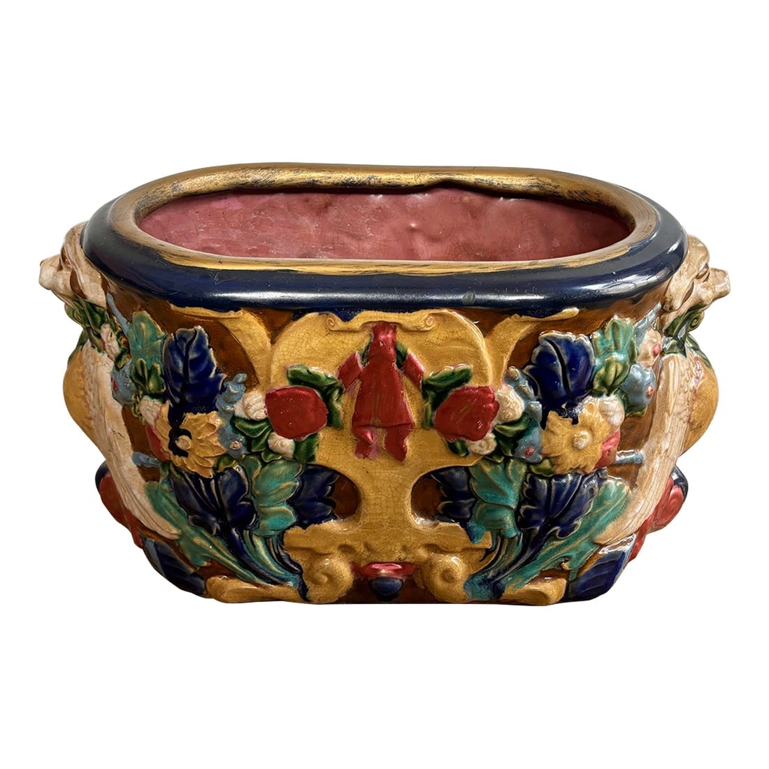 1980s Large Vintage Majolica Style Planter Cachepot With Rams: Large vintage planter cachepot with rams, styled after Italian Majolica. Vibrant eye-catching colors and form. I ship quickly and conscientiously. Click on my shop "Pub & Oasis Fine Interiors" below