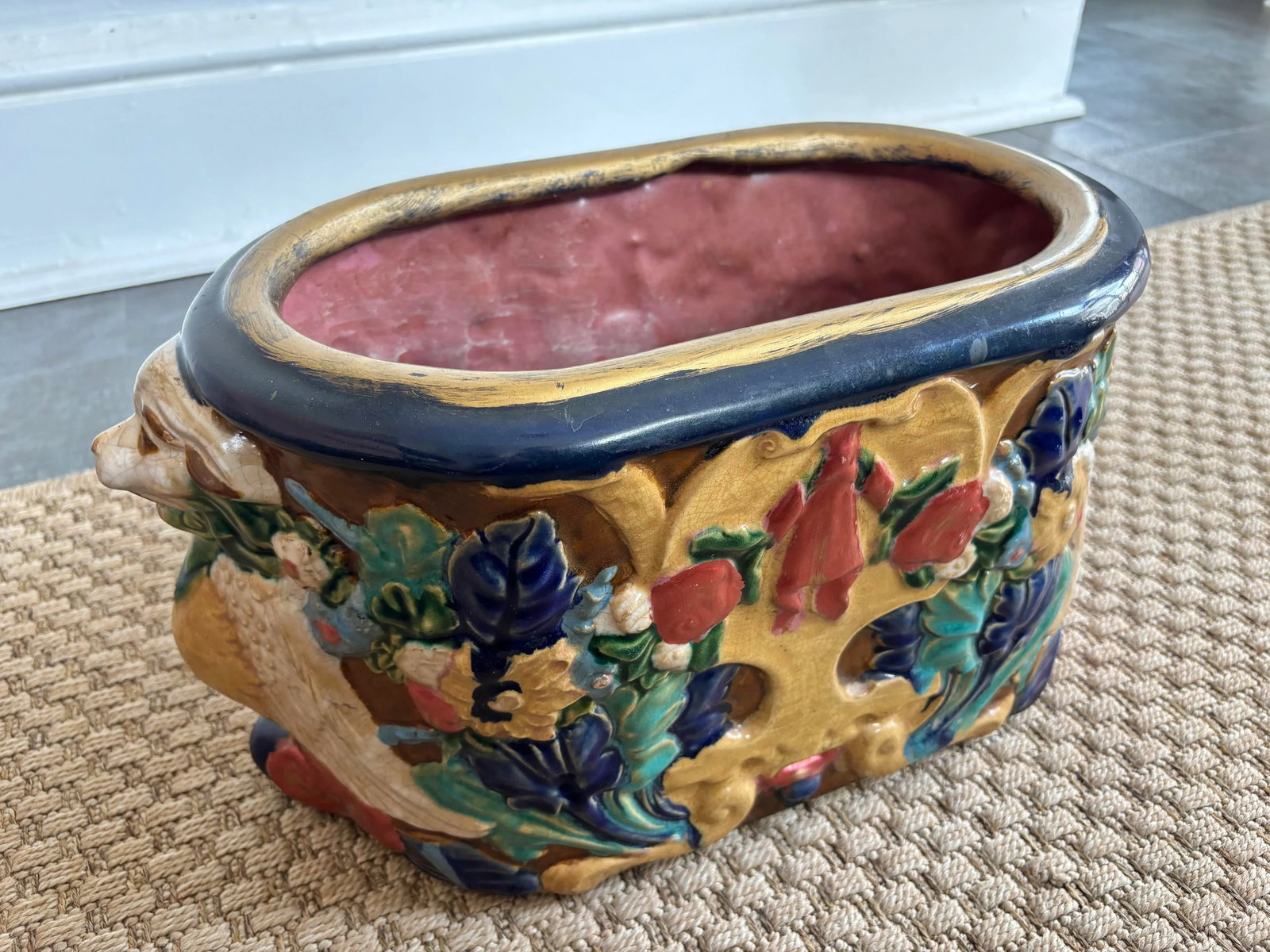 1980s Large Vintage Majolica Style Planter Cachepot With Rams - 2