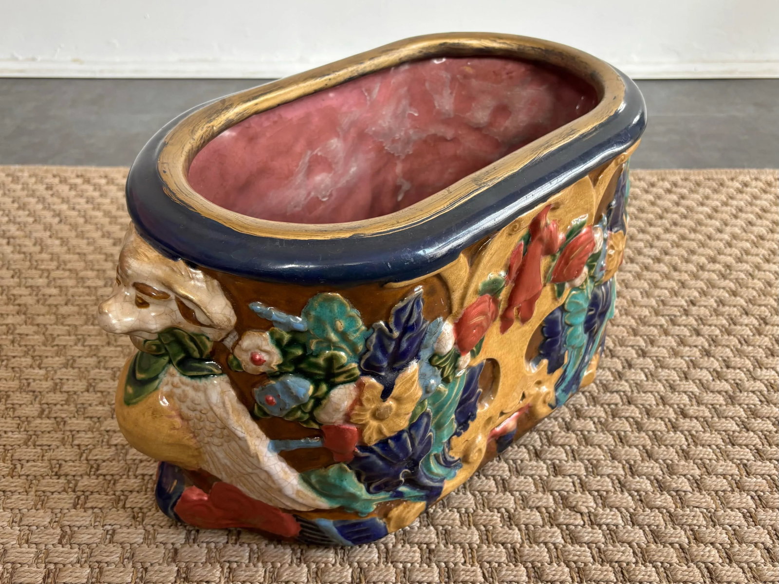 1980s Large Vintage Majolica Style Planter Cachepot With Rams - 3