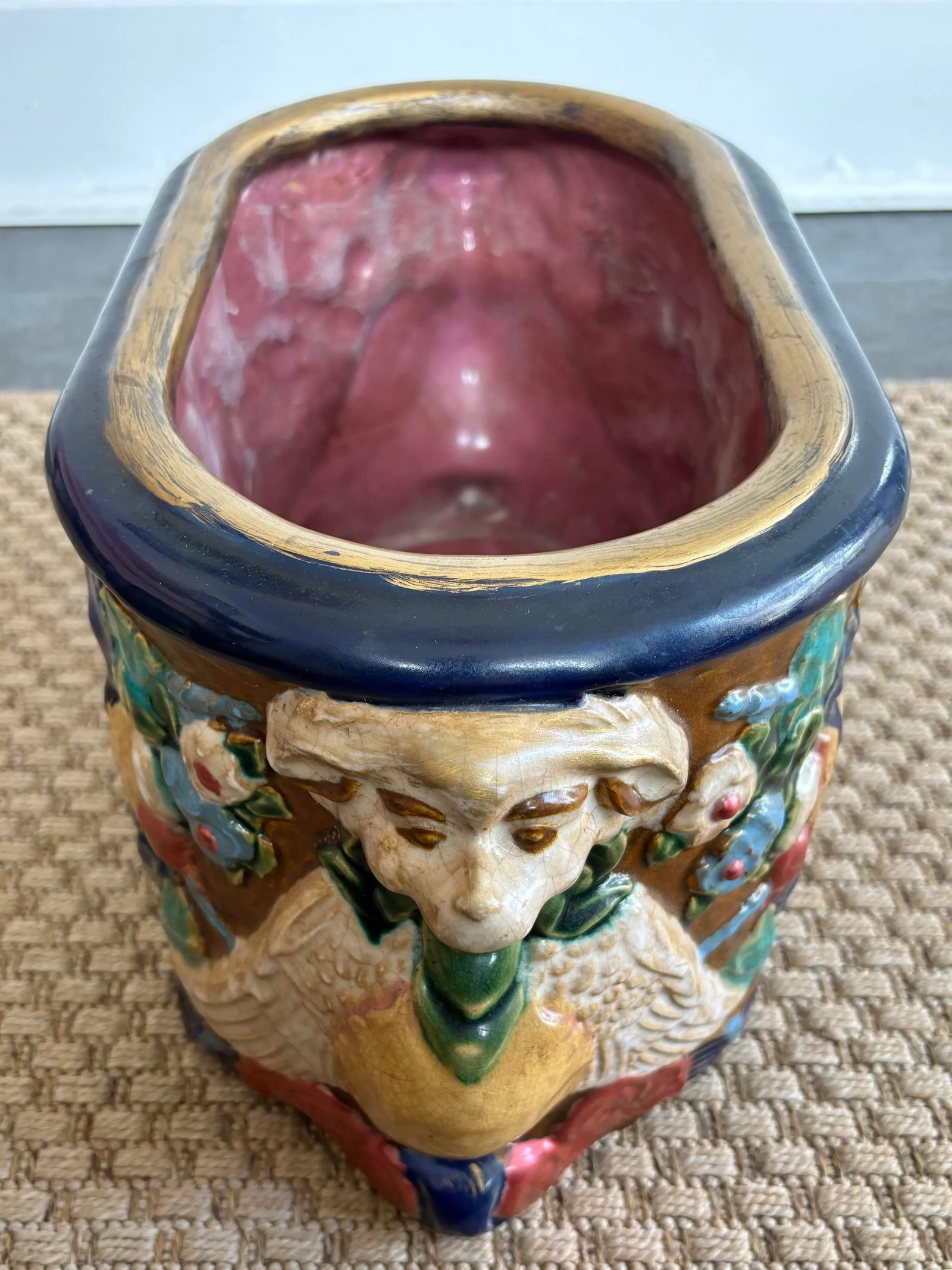1980s Large Vintage Majolica Style Planter Cachepot With Rams - 5