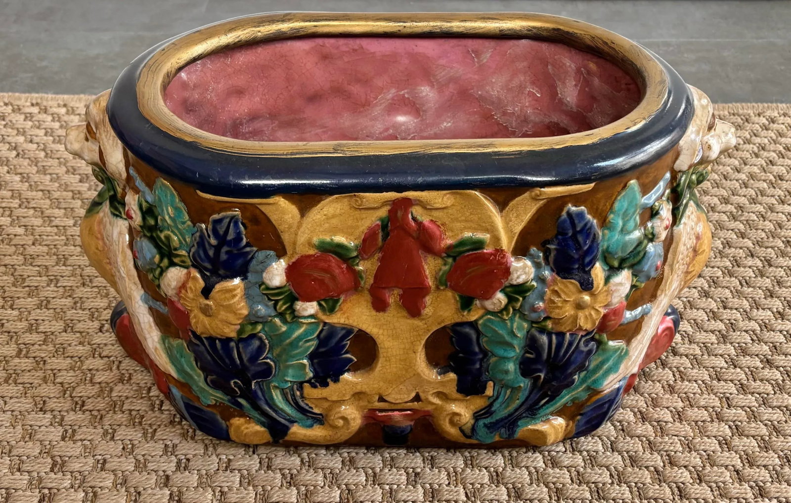 1980s Large Vintage Majolica Style Planter Cachepot With Rams - 6