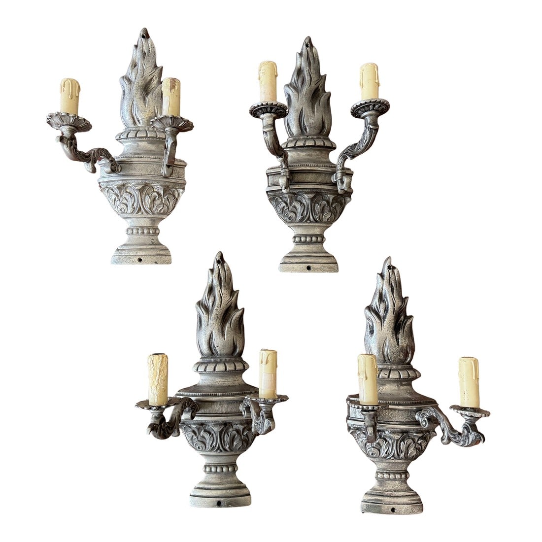 Mid 20th Century Neoclassical Flaming Urn Form Pewter Sconces - Set of Four: A set of four neoclassical pewter sconces c. 1950's/1960's. Condition: Alterations: Original Condition Unaltered Imperfections: Some Imperfections Condition Notes: Candle covers are original in fair