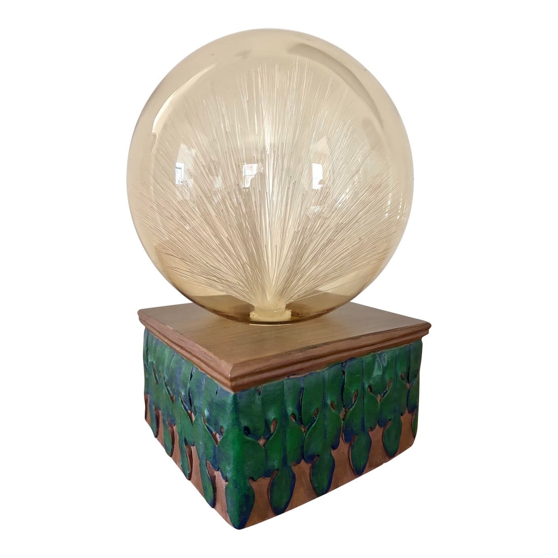 Vintage Atomic Fiber Optics Lamp With Smoky Glass Dome: Midcentury fiber optic lamp with art nouveau inspired leaf motif. Glass ball surround has a beautiful smoky tint, which makes this piece lovely both lit and unlit. Fiber optics work beautifully. I shi