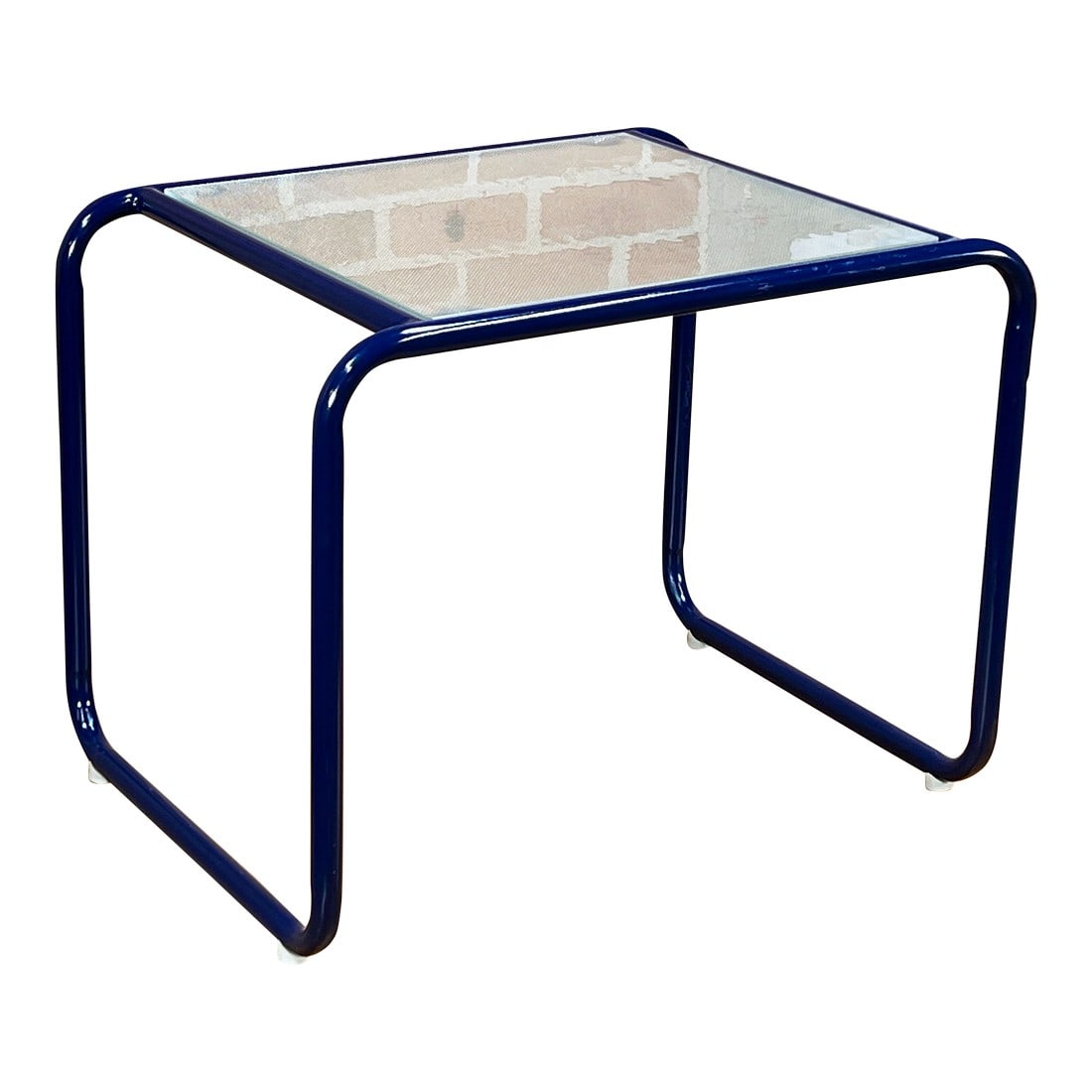 Vintage Marcel Breuer Style Tubular Steel & Textured Glass Side Table: Sleek, minimal, and beautifully modern, this vintage side table channels the iconic Bauhaus aesthetic of Marcel Breuer. Featuring gracefully curved, tubular steel legs in a vibrant cobalt-blue finish,