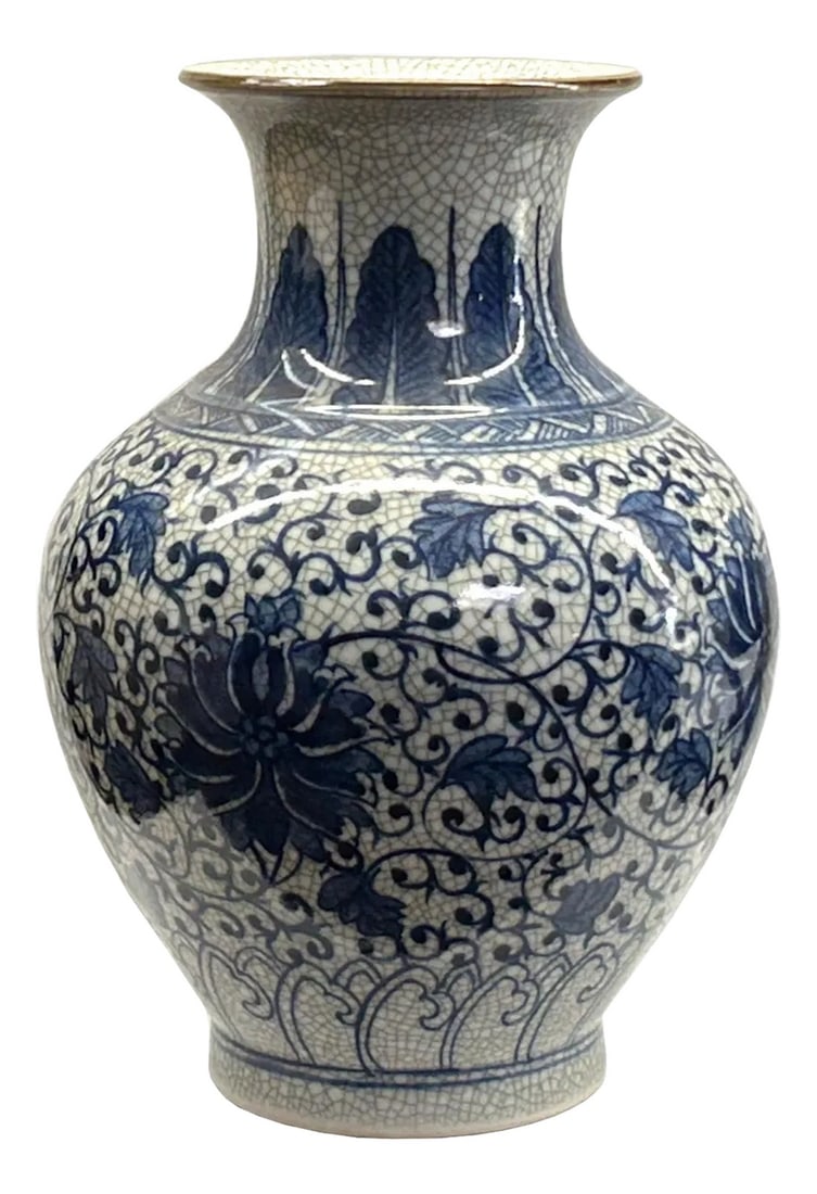 Orient Off White Crackle Blue Floral Pattern Pottery Ceramic Vase