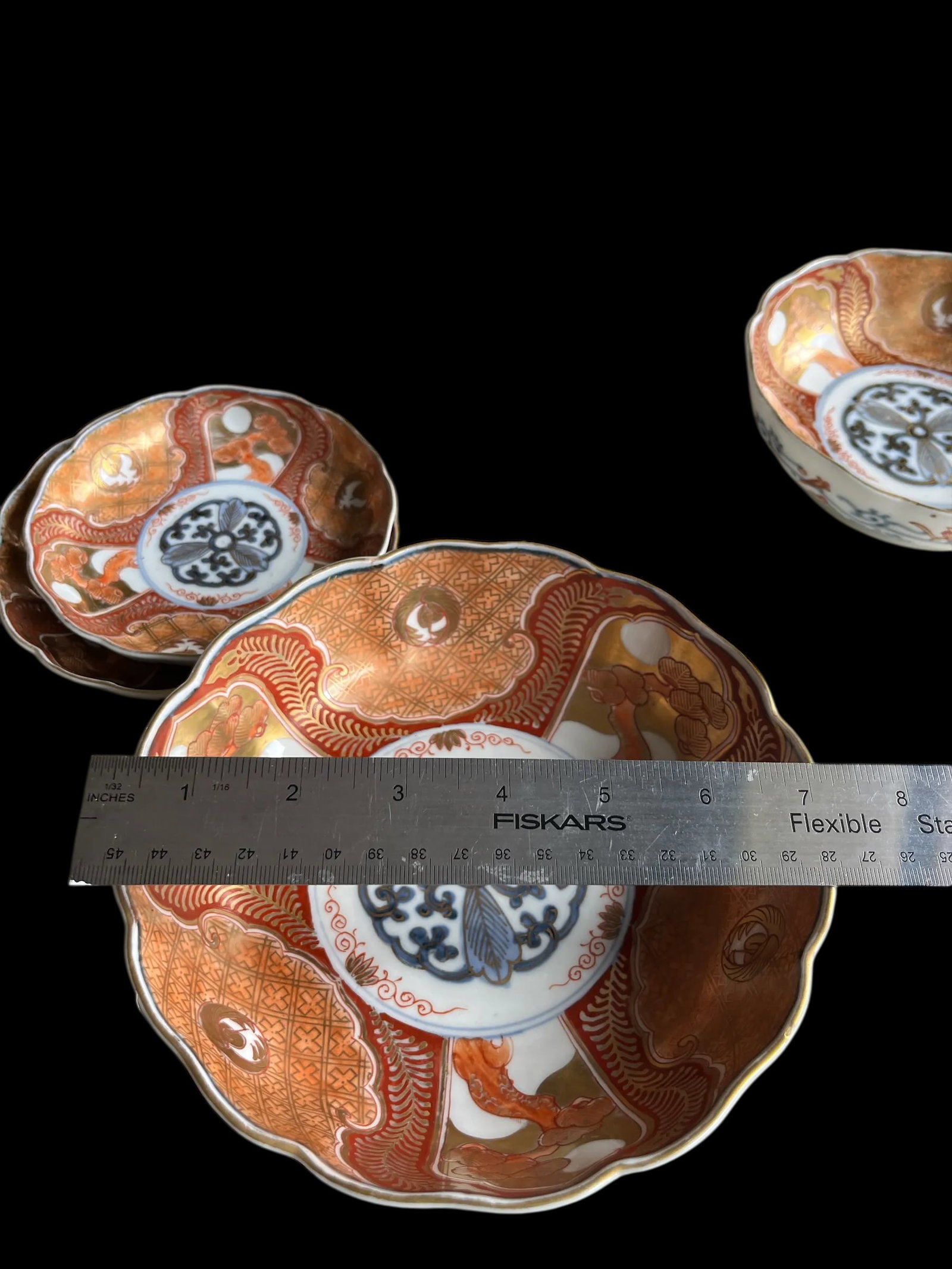 19th Century Japanese Meiji Period Marked Imari Fluted Footed Nesting Bowl Blue Fuku Mark Arita- Set - 11